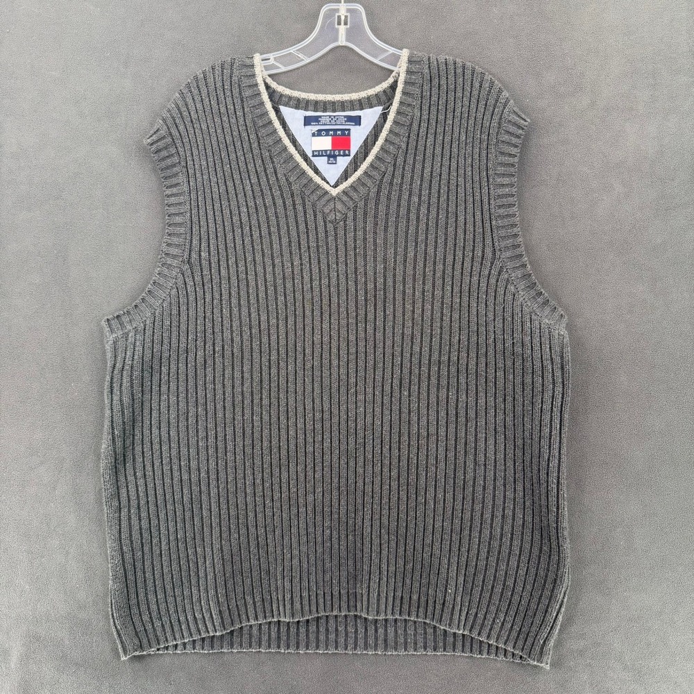 VTG Tommy Hilfiger Men's Sweater Vest XL] Gray Ribbed Knit V-Neck Preppy READ
